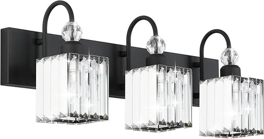 Ralbay Modern Crystal Black Vanity Light 3 Light Bathroom Light Fixtures Over Mirror Matte Black Crystal Bathroom Wall Lighting