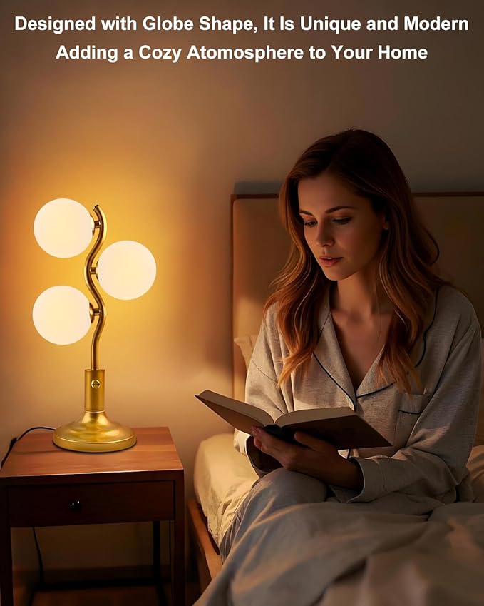 Lightdot Mid Century Globe Table Lamp Dimmable Modern 3 Lights Gold Desk Lamp 3000K Warmwhite Bedside Table Lamp for Bedroom Living Room Study Room(G9 Bulbs Included)