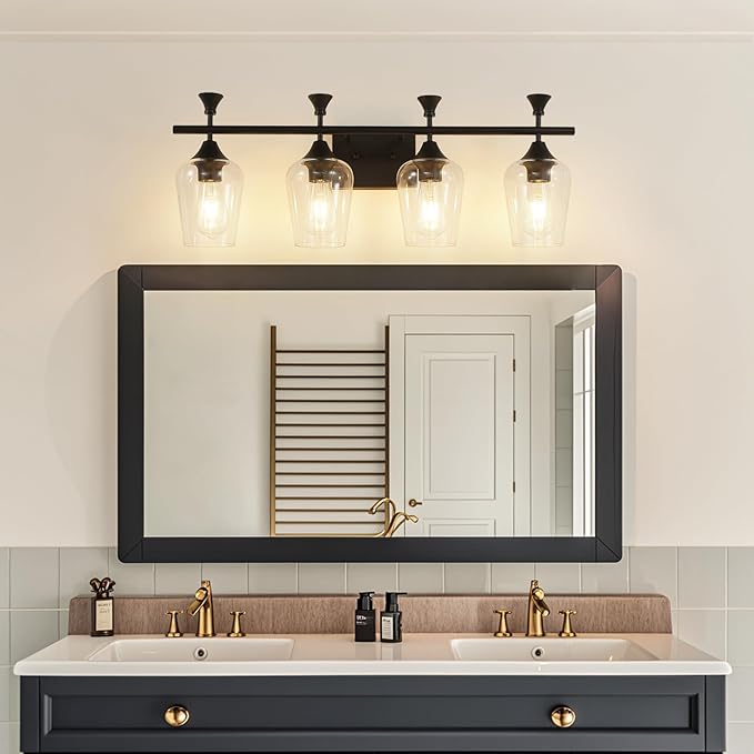 Bathroom Light Fixtures (4-Light, 29 Inch), Matte Black Vanity Lights for Bathroom with Clear Wine Glass Glass Shade, Modern Vanity Wall Lights for Mirror Bedroom Living Room Kitchen Hallway Porch