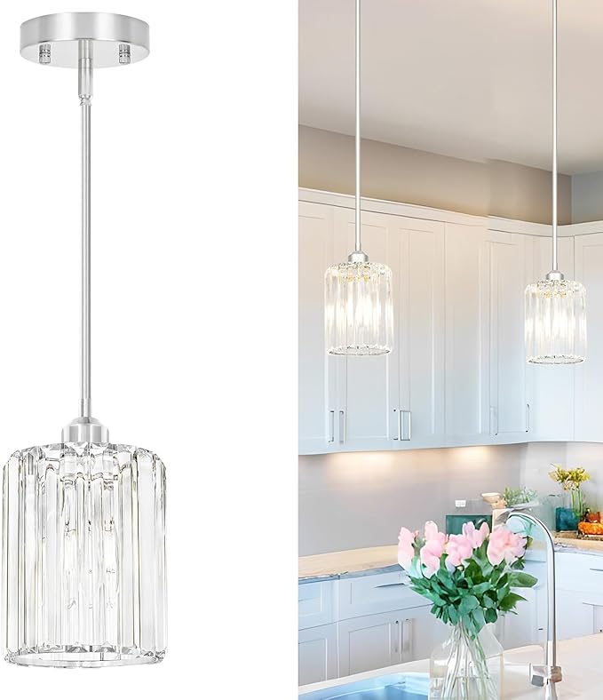Chrome Kitchen Pendant Lights Over Island with Adjustable Rods - Crystal Pendant Lighting Fixtures for Sloped Ceiling, Ideal Over Dining Table or Bar, E26 Bulb Compatible, No Electrician Needed