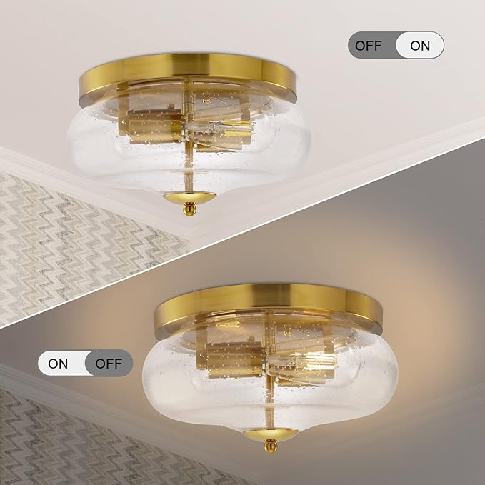 Darkaway Ceiling Light Fixtures Flush Mount, Indoor Outdoor Ceiling Light with Seeded Glass Shade for Hallway, Kitchen, Bedroom, Porch, Gold