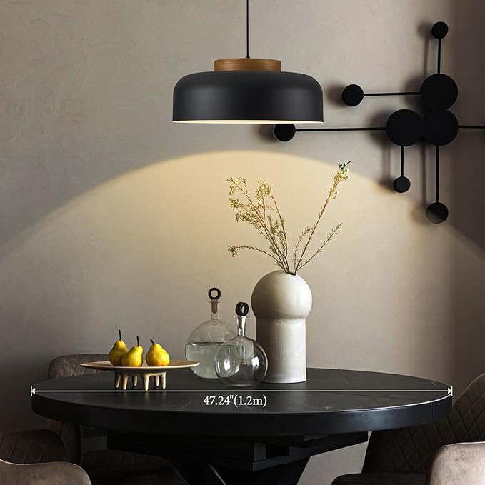 Modern Large Pendant Light Fixture, 17.7 inch,Natural Wood Cap, Matte Black Finish, Simple Pendant Lighting for Kitchen Island, Dining Room, Table