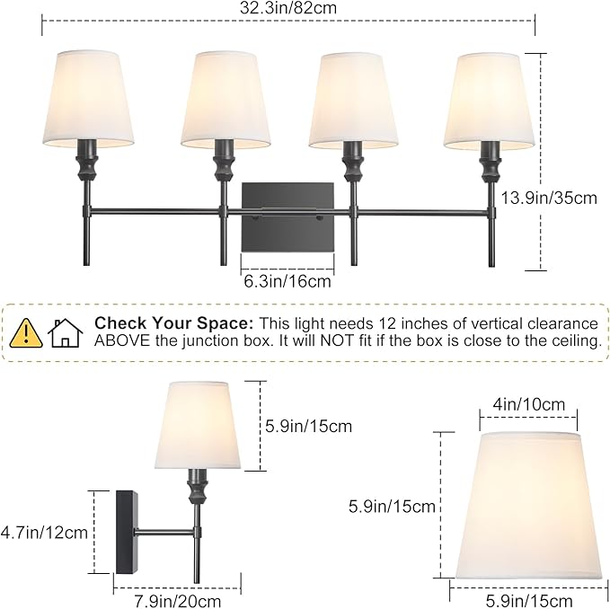 Black Bathroom Vanity Light 4 Light，32.3In Vintage Bathroom Light Fixtures Over Mirror,Hardwired Vanity Wall Sconce with Flared White Fabric Lampshade for Bedroom,Living Room,Foyer,E12 Base