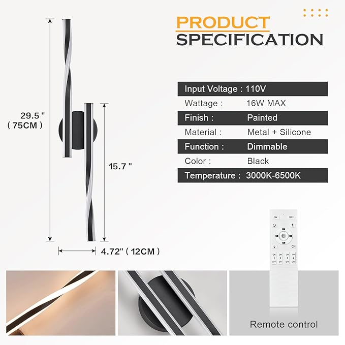 Benkut Modern LED Vanity Light Bathroom Black Wall Sconce with Remote Control Modern Bathroom Wall Lighting Fixtures Over Mirror for Bedroom Bedside, Dining Living Room, Hallway (30Inch 3000K-6500K)