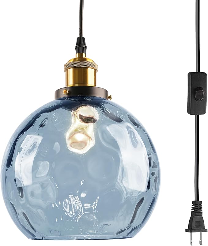 Plug in Pendant Lights for Ceiling, Hanging Plug in Light Fixture with Cord Hammered Glass Globe, Modern Hanging Ceiling Lamp Blue Glass Chandelier for Kitchen Dining Room Bedroom