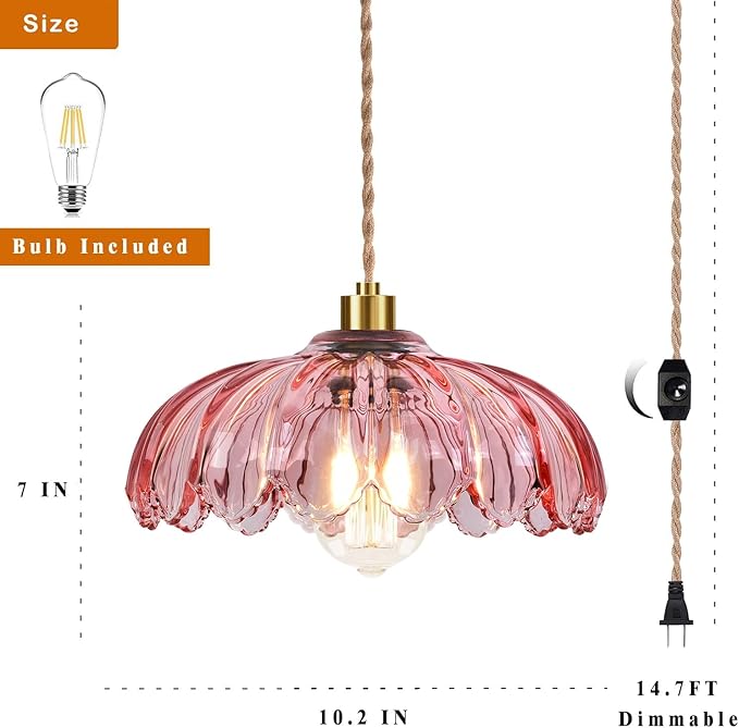 QIYIZM Pink Plug in Pendant Light Hanging Lights with Plug in Cord Boho Hanging Lamp Glass Gold Mid Century Modern Vintage Dimmable Flower Plug in Chandelier Ceiling Fixture for Living Room,Kitchen