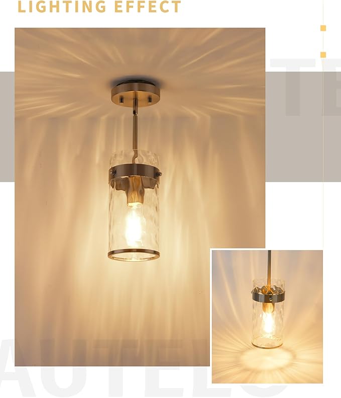 AUTELO Glass Pendant Light, Brushed Nickel 1-Light Island Pendant Lights for Kitchen with Hammered Glass, Modern Hanging Lamp with Adjustable Rods for Dining Room Bedroom Kitchen Sink, H-2529 HMST