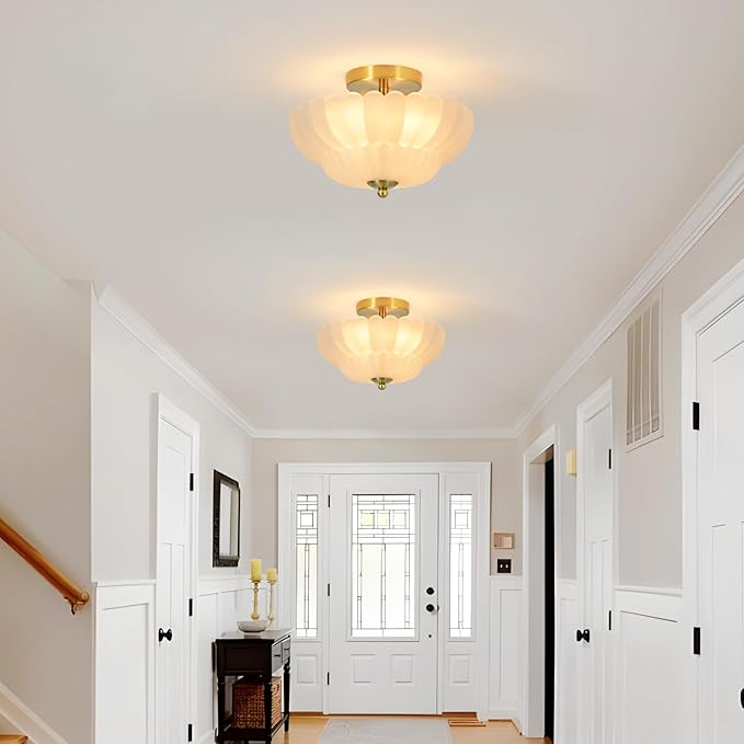 11.8 inch Kitchen Ceiling Light, 3-Light Semi Flush Mount Ceiling Lamp with Flower Glass, Modern Close to Ceiling Light Fixtures for Bathroom Bedroom Hallway Entryway, Milk White