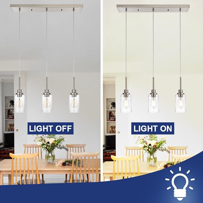TODOLUZ Industrial Pendant Lighting, 3-Lights Adjustable Height Hanging Light Fixtures with Seeded Glass Shade, Brushed Nickel Kitchen Island Ceiling Light for Living Room Foyer