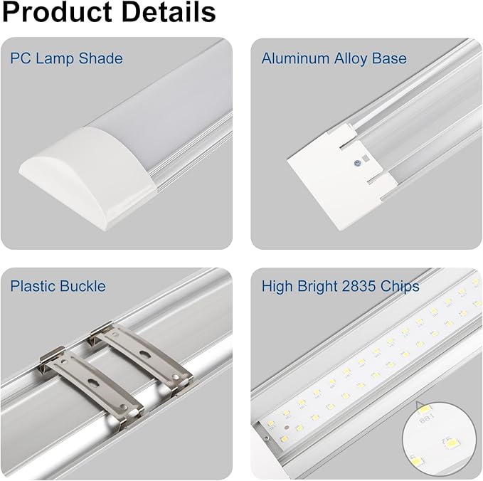 2 Pack 3FT LED Batten Light, Ultra-Thin Ceiling Surface Mounted, 30W Daylight 4000K, IP20, Versatile LED Ceiling Light for Garage, Shop, Hallway, Office, Market