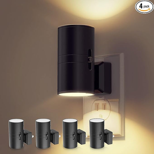 L LOHAS LED Night Light Plug in, 4 Pack, Dimmable Night Lights Plug into Wall, Light Sensor Nightlight, Soft White 3000K with Black Shade, Plug in Nightlights for Hallway Bathroom Kitchen Bedroom