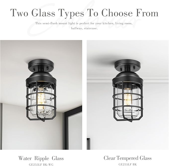 Emliviar 11.1 Inch Vintage Semi Flush Mount Ceiling Light with Clear Tempered Glass Shade, Black Ceiling Lighting for Hallway, GE255LF BK