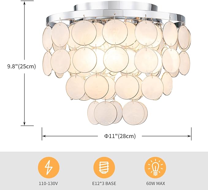 3-Light Capiz Shell Ceiling Light, Coastal Design Flushmount Light Fixture for Dining Room, Living Room, Bedroom, True Shell & Chrome Finish Frame