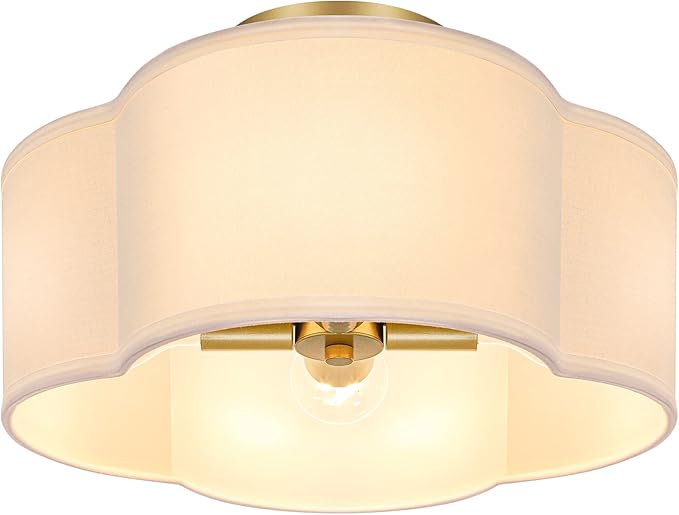 4-Light 14.4'' Semi Flush Mount Ceiling Light Fixture, Gold Modern Close to Ceiling Lamp with White Fabric Shade, Farmhouse Bright Lighting Brass Finish for Nursery Kids Room Bedroom Hallway Entryway