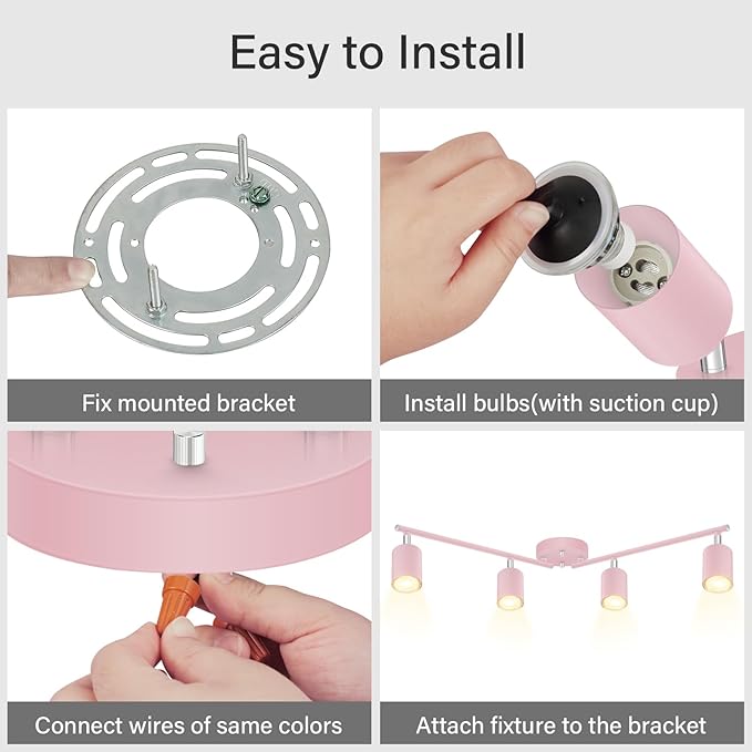 Track Lighting Fixture Ceiling, Modern LED Track Lights Kit, 4 Lights Ceiling Lighting for Kitchen, Rotatable Spotlight Heads, Wall Mount Spot Lighting for Island/Bedroom, Pink Home Decor(GU10 Socket)