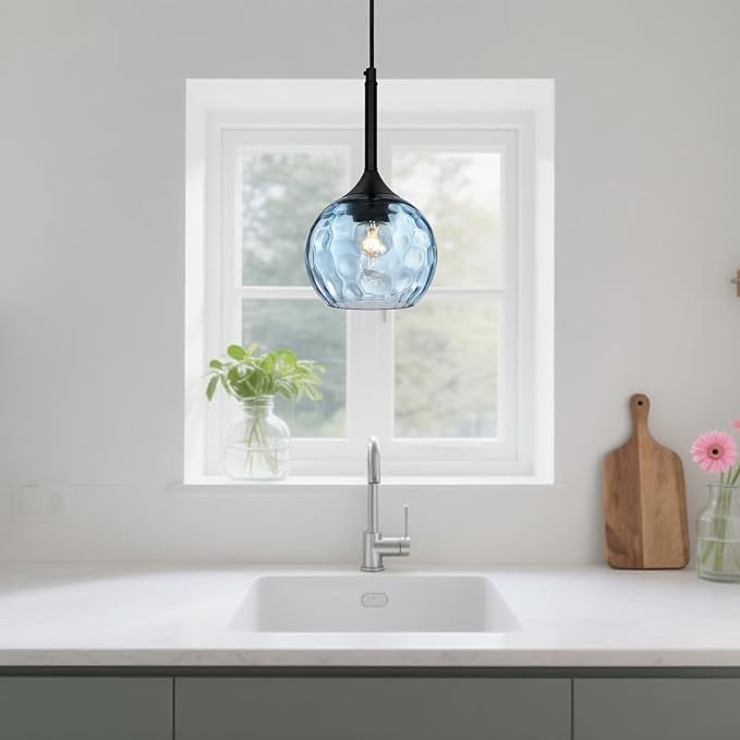 JHLBYL Glass Pendant Lights Kitchen Island: 5.91'' 1-Light Blue Hammered Glass Pendant Light with Black Finish - Modern Minimalist Hanging Light Fixture for Kitchen Sink Dining Room - E26 Base