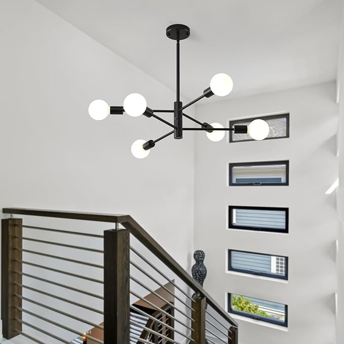 HHR Black Sputnik Ceiling Light, 6-Light Modern Chandelier with Adjustable Height, Mid Century Ceiling Lighting Fixture for Dining Room Kitchen Island Farmhouse