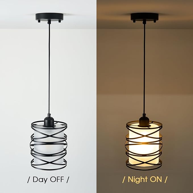 3 Pack Frosted Glass Pendant Light Fixtures 6.3Inch Spiral Metal Cage Mini Pendant Lighting Handblown Kitchen Island Hanging Light Adjustable Cord Pendant Lamp for Dining Room Foyer Hallway, E26