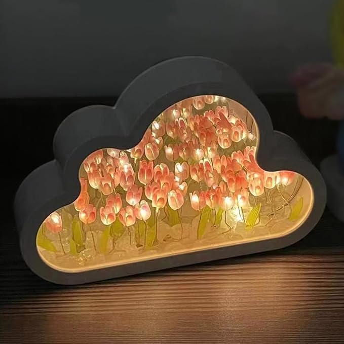 LOGAZOO (20 Flower) Mothers Day Gifts for mom Tulip Lamp Night Light with Mirror, Assembled Artificial Flower Lamp Table Light Bedroom Decoration Gift for Women Girlfriend Sisters Desk Table Decor