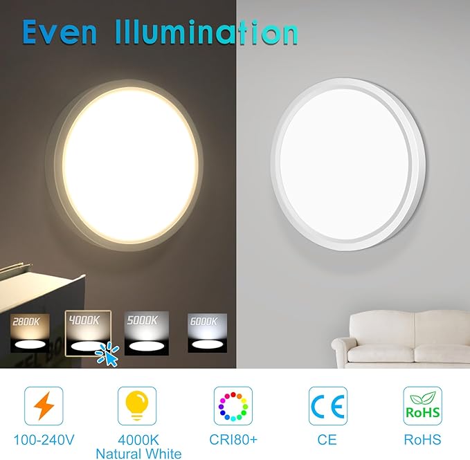 LightingWill 7 Inch LED Flush Mount Ceiling Light Fixture, 4000K Nurture White, 1500LM, 12W, Flat Modern Round Lighting Fixture, 120W Equivalent White Ceiling Lamp for Kitchens, Bedrooms.etc.