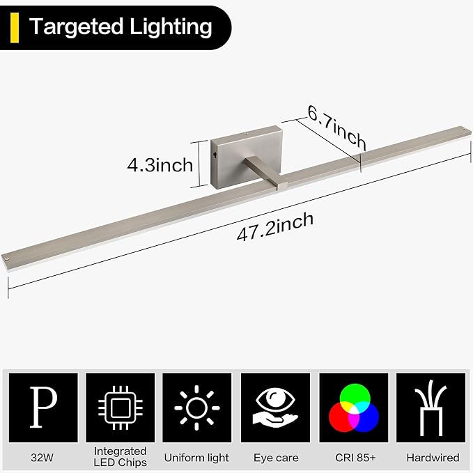 ZUZITO 48 Inch Bathroom Vanity Lights Over Mirror Brushed Nickel Arm Over Cabinet Wide LED Bar 32W 2560lm 6000K ETL IP44
