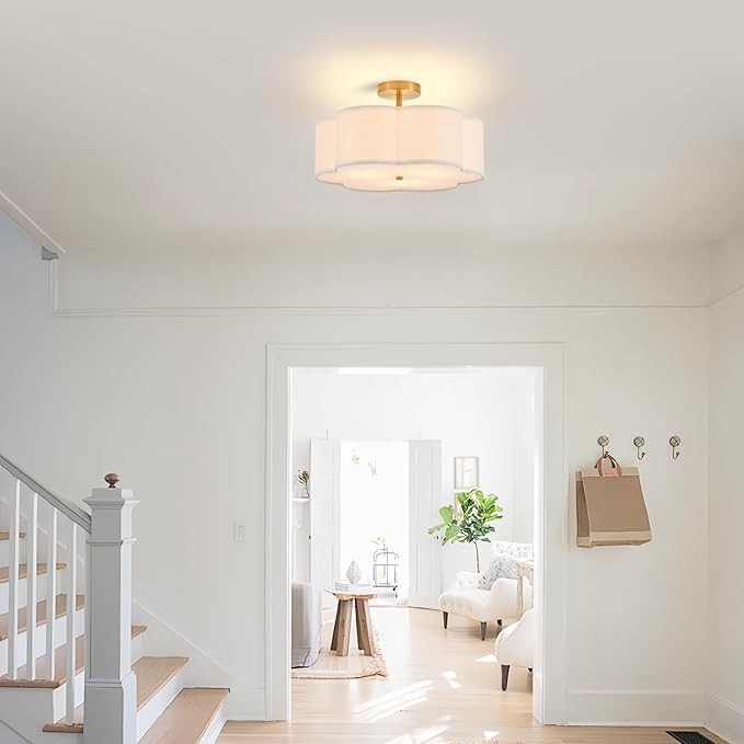 Modern Semi Flush Mount Ceiling Light Modern Gold 3-Lights Drum Ceiling Lighting Fixture Vintage Linen Golden Ceiling Lamp for Laundry Room, Kitchen, Basement, Dining Room, Bedroom