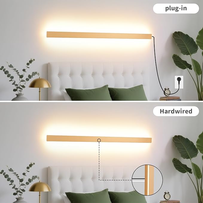 KELUOLY Modern Plug in Long Wall Sconce, 39" Gold Matte LED Wall Lights, 20W Warm White 3000K Acrylic Indoor Wall lamp, with 59" Plug Cable for Bedroom, Living Room, Hallway