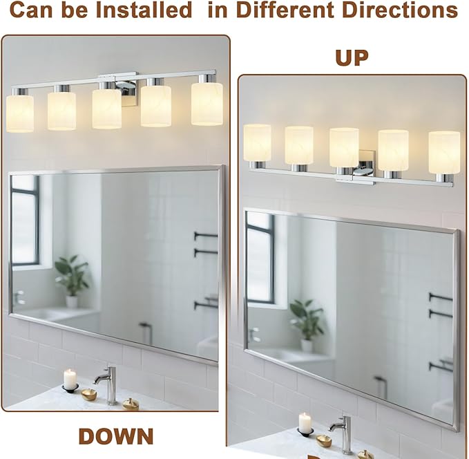 5-Light Bathroom Light Fixtures, Modern Vanity Lights, Chrome Metal Wall Lamp with White Marble Glass for Bathroom, Mirror, Living Room, Bedroom, Cabinet, Porch, Hallway, E26 Base