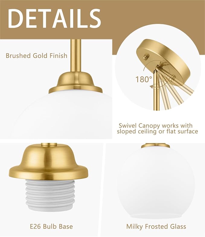 Modern Gold 2-Pack Pendant Light Fixture, Globe Shape, Adjustable Height, Kitchen Island, Dining Room, Living Room, Milk Frosted Glass Shade, ETL Listed