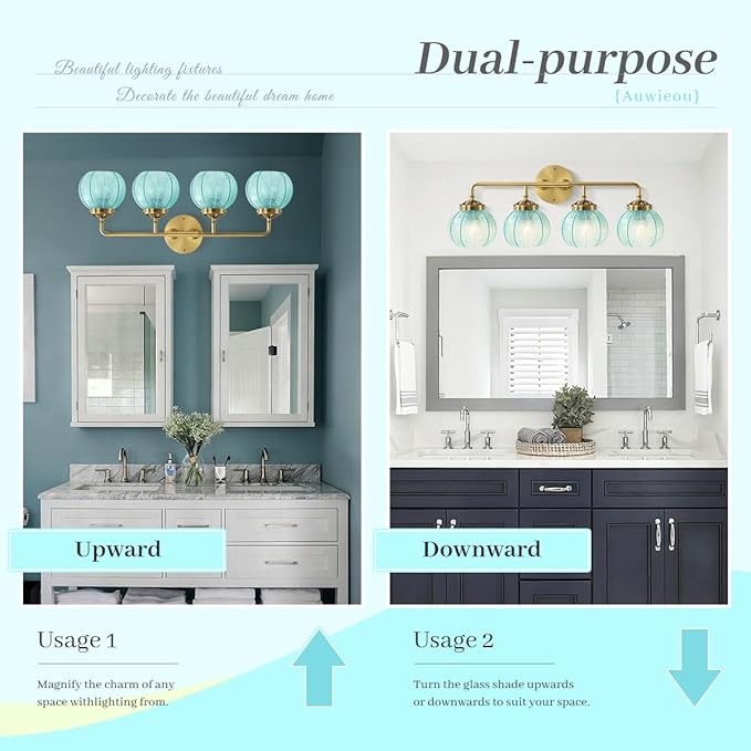 4 Light Gold Bathroom Lights Over Mirror, Vintage Wall sconces with Blue Glass Shade Bathroom Vanity Light mid Century Modern Wall Sconce Glass Wall Lighting Fixture for Bedroom Living Room