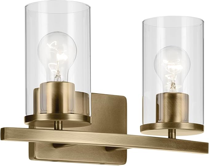 Kichler Crosby 15.25" 2-Light Bathroom Vanity Light Fixture with Clear Glass in Natural Brass for Powder Room, Modern Wall Mount Light (15.25" x 8.75"), 45496NBRCLR