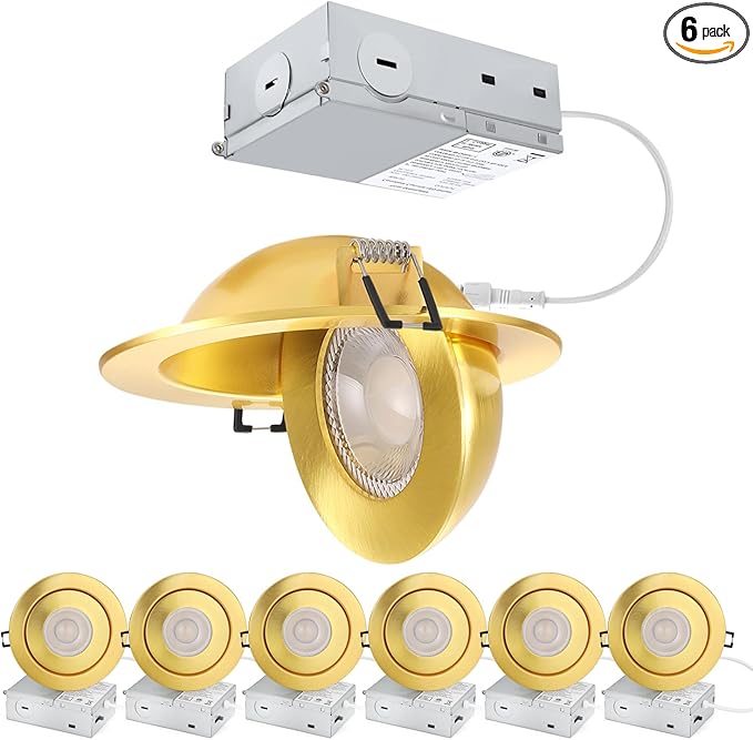 POPANU 4 inch LED Recessed Light - 9W Gold Gimbal Recessed Lighting Canless Soffit Swivel Eyeball 90° Tilt Wafer Slope Ceiling Adjustable Spotlight Dimmable for Accent Lighting Gold 6 Pack