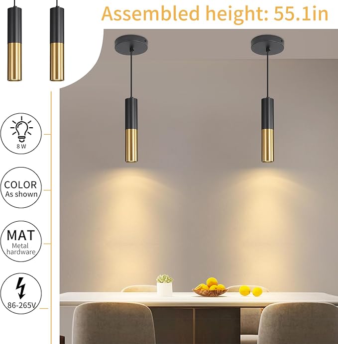 2 Pack Modern Black and Gold LED Pendant Lights, Minimalist Linear Hanging Light, 3 Color 2700K/4500K/6500K, Ceiling Mount Pendant Lamp for Kitchen Island, Dining Room, Bedroom, Bar, Cafe
