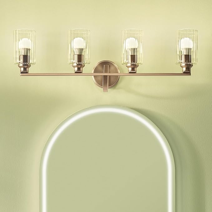 Kichler Gioe 32.25 in 4-Light Bathroom Vanity Light Fixture with Clear Fluted Glass in Champagne Bronze, Damp Rated for Mirror, Powder Room (32.25 in W x 10.5 in H), 55227CPZFLU