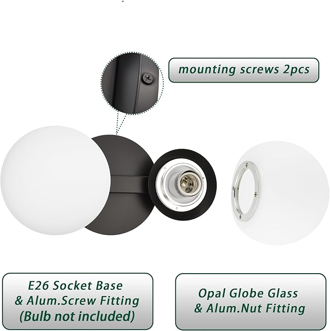 Black Bathroom Vanity Light Fixtures, Modern 2 Lights Globe Wall Sconce Lighting, Porch Wall Mount Light Fixture for Bathroom, Mirror Cabinets Hallway Stairs (Matte Black, 2-Light)