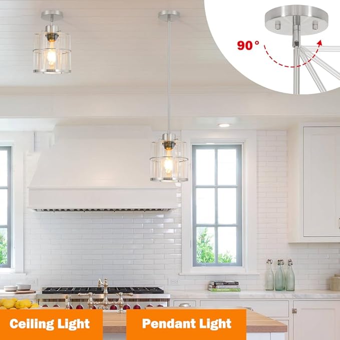 Modern Brushed Nickel Pendant Light Set of 2, Kitchen Island Pendant Light with Cylinder Clear Glass, Farmhouse Adjustable Hanging Light for Kitchen Island Dining Room Hallway