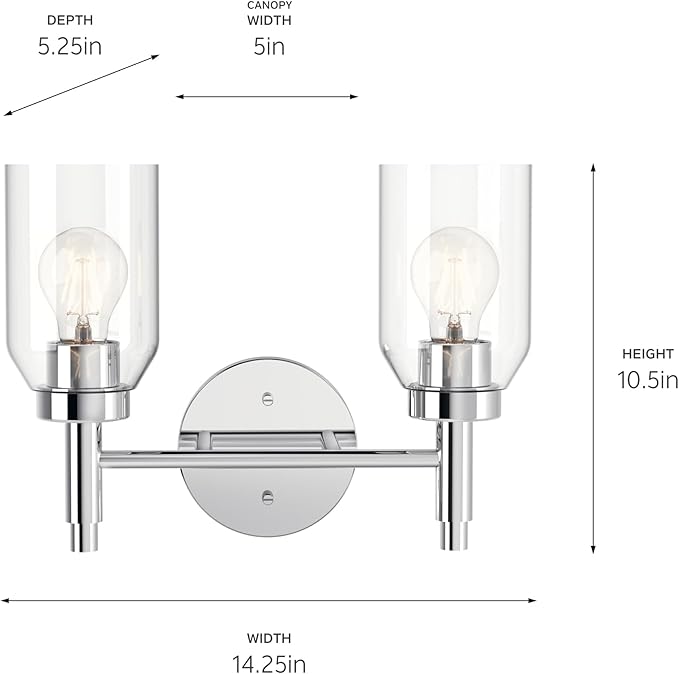 Kichler Madden 2-Light Bathroom Vanity Light Fixture with Clear Glass in Chrome, Modern Wall Mount Lighting for Mirror Over Single or Double Vanity (10.5" x 14.25"), 55184CH