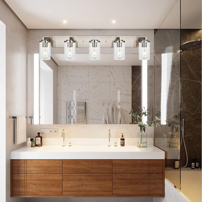 BONLICHT Brushed Nickel Bathroom Light Fixtures 5 Light Modern Vanity Lights Industrial Glass Wall Sconce Farmhouse Bath Lighting Over Mirror Wall Mount for Kitchen Living Room Hallway Workshop