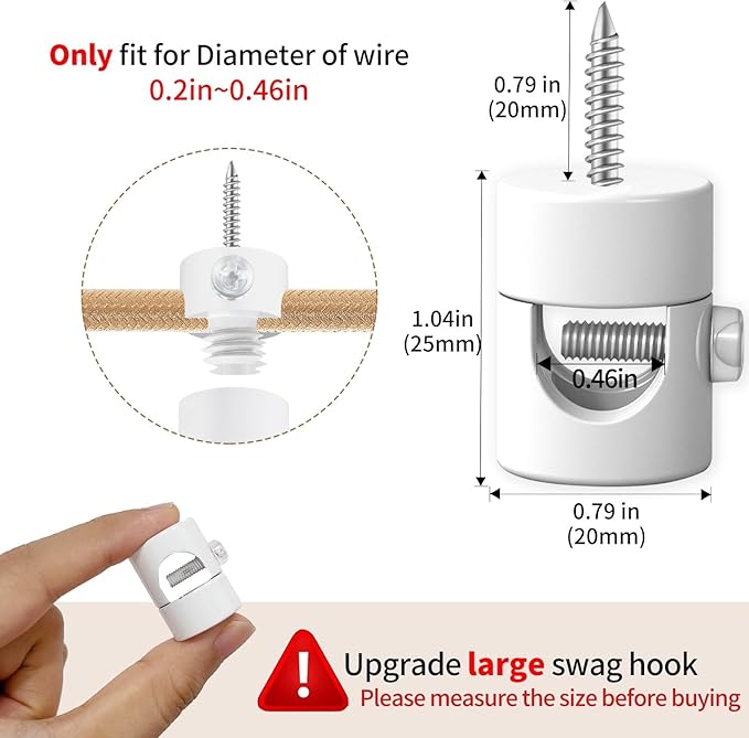 Upgrade 0.46’’ Big Hole Ceiling Hooks for Hanging Lights，Aluminum Ceiling Hook for Light Fixture, White Adjustable Swag Hook, Pendant Lights Hook, Swag Hooks for Hanging Lamp Shades (6 Pack)