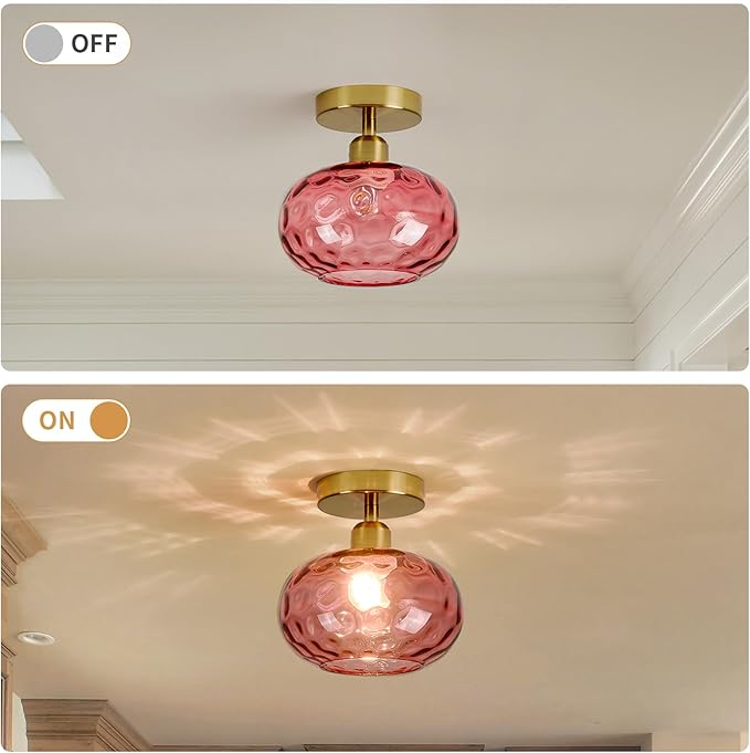 Red Glass Semi Flush Mount Ceiling Light - 2 Pack,7.9 Inch Small Hammered Art Deco Glass Hallway Light fixtures, Vintage Gold Flush Mount Ceiling Light for entryway Foyer Laundry Room Kitchen