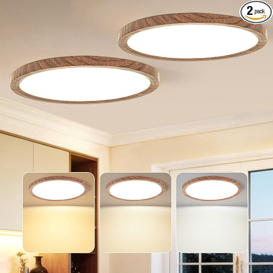 Kimjo 2 Pack 12 Inch 24W Modern Flush Mount Ceiling Light, 3 Color Temperature Walnut Wood Grain Flat Ceiling Light Fixture Led Lights for Bedroom Kitchen Bathroom Hallway