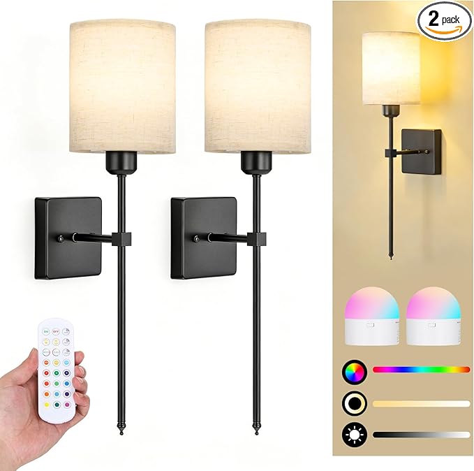 Battery Operated Wall Sconce Set of 2, Black Wireless Wall Lights with Remote 5300mAh Rechargeable Dimmable Bulb, 12 Colors Wireless Wall Sconces for Bedroom Living Room Hallway