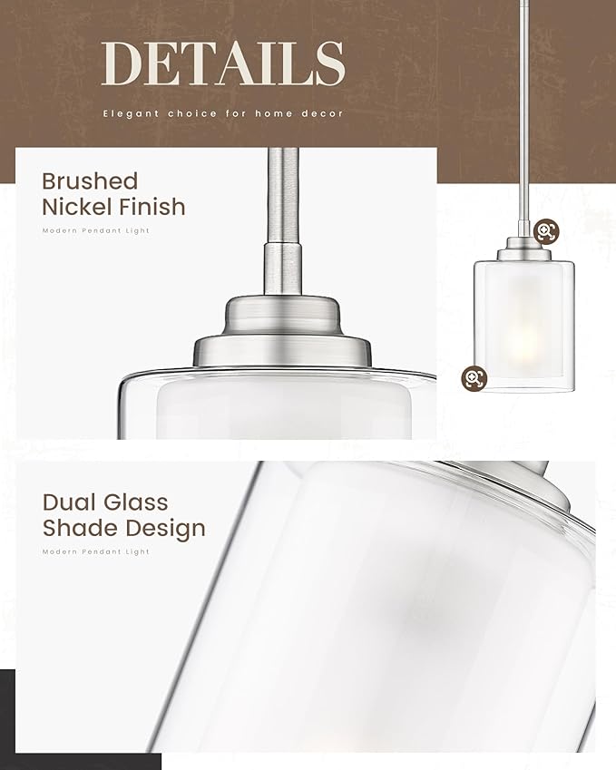 TENGXIN Modern Pendant Light,6-INCH Brushed Nickel Modern Pendant Light for Kitchen Island,Hanging Ceiling Light Fixture,Farmhouse Pendant Lighting for Dining Room Bedroom Bar Office,TXPLBN02-L