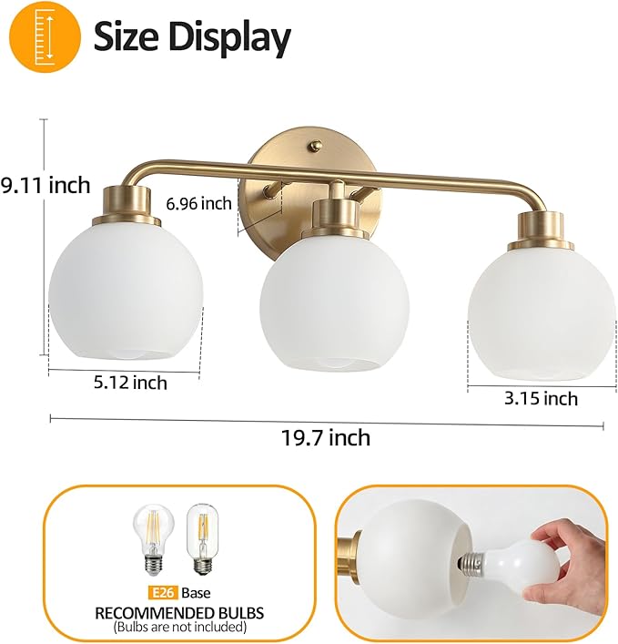 Bathroom Light Fixtures Gold Vanity Light 3 Light Wall Sconces Lighting Brushed Brass Lights with Milk Globe Glass Shades Bath Wall Lamp for Mirror Kitchen Living Room Bedroom Hallway