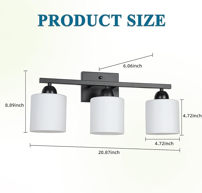 Mecgirn Milk Glass Vanity Lights for Bathroom, 3 Light Matte Black Bathroom Light Fixtures Over Mirror, Ceramic E26 Sockets Wall Mounted