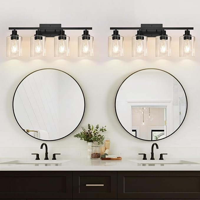 MOKATNG 4-Light Bathroom Light Fixtures, Vanity Light with Clear Glass Shades, Matte Black Bathroom Light Fixtures Over Mirror, Modern Bathroom Wall Lamp for Mirror Living Room Cabinet Bedroom