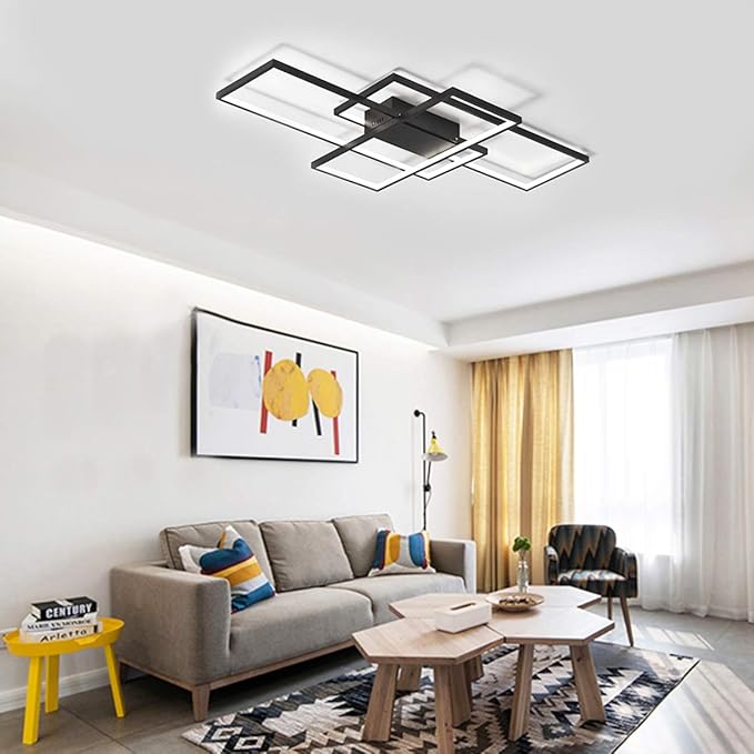 Jaycomey Modern LED Ceiling Light, 35.4in LED Black Flush Mount Ceiling Lights Fixture 75W Living Room Lighting Fixtures Chandelier Lamp for Dining Room Bedroom Kitchen White Light 6000K