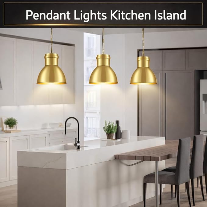 BoostArea Gold Pendant Light for Kitchen Island, 10.6" Large Metal Dome Shade, 70.9" Adjustable Height Hanging Light Fixture, Modern Farmhouse Pendant Lighting, E26 Base, Bulb Not Included