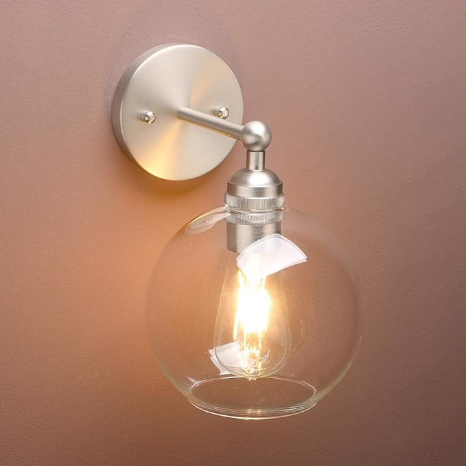 Yosoan Brass Boho Vanity Bathroom Wall Sconce, 1-Light Indoor Hardwired Wall Mounted Vintage Industrial Fixture Lights with Double Hole Round Glass Lamp for Mirror, Living Room, Hallway(Brushed)