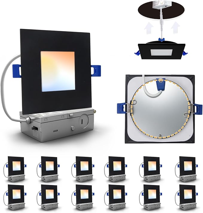 Adetu 4 inch Square Led Recessed Lighting Black,5CCT Ultra Thin Square Led Ceiling Light with Junction Box,2700K-5000K, 10W 860LM,Can-Killer Wafer Downlight,ETL and Energy Star Certified